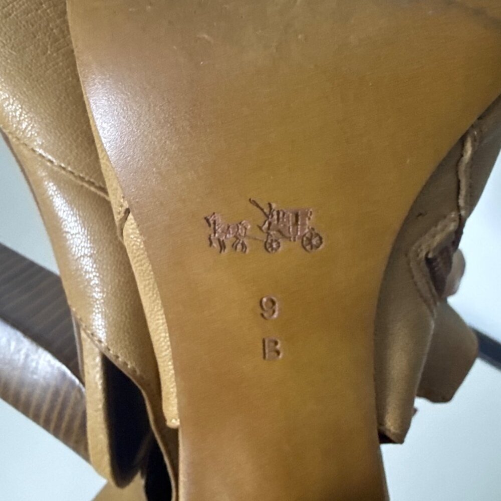 Coach Tan Leather Peep-Toe Heeled Booties With Gold Zipper & Buckle Detail - Picture 9 of 9